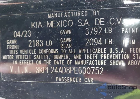 2023 Kia Forte Lxs z USA, uszkodzony, nr VIN 3KPF24AD8PE630752